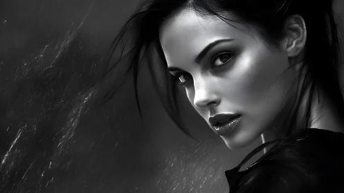 Monochrome femme portrait in high-contrast digital painting.