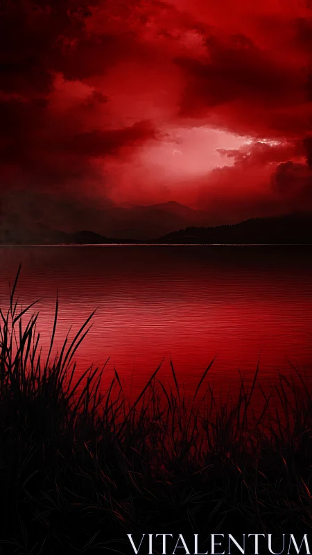 Crimson shoreline silhouette under storm-laden twilight sky.