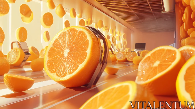 Surreal orange office corridor filled with sliced citrus.