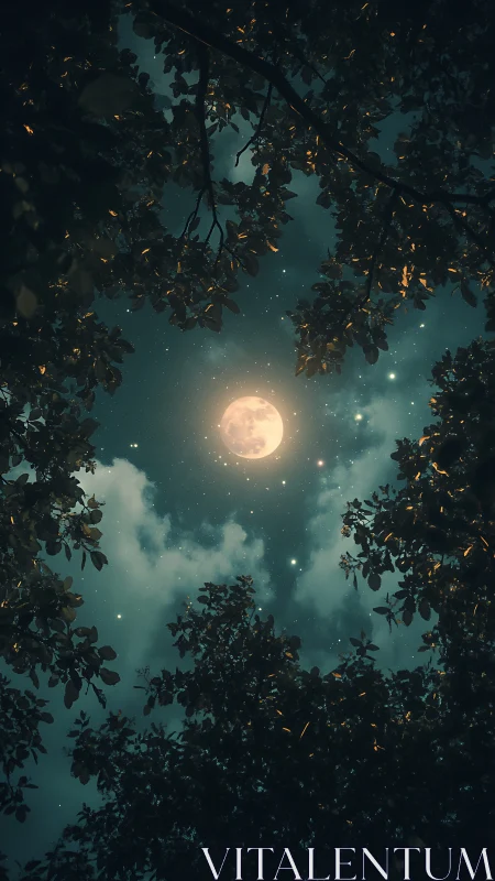 Full moon framed by backlit forest canopy and starfield sky