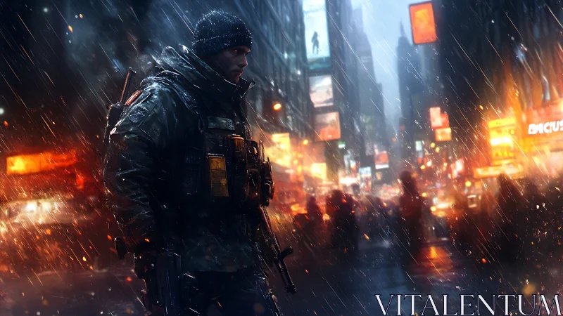 Heavily armed soldier stands in neon city street during rain