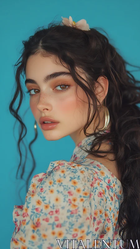 Portrait of freckled brunette with floral blouse against teal.