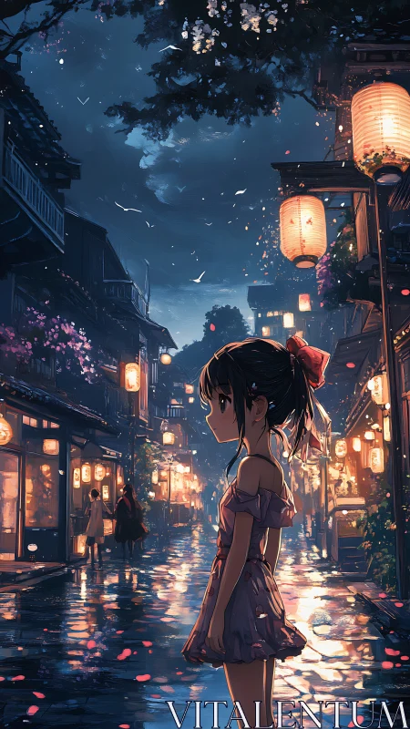 Rain-glossed lantern street with contemplative girl profile.