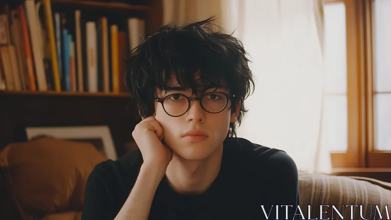 Soft backlit portrait of young man with glasses in warm interior