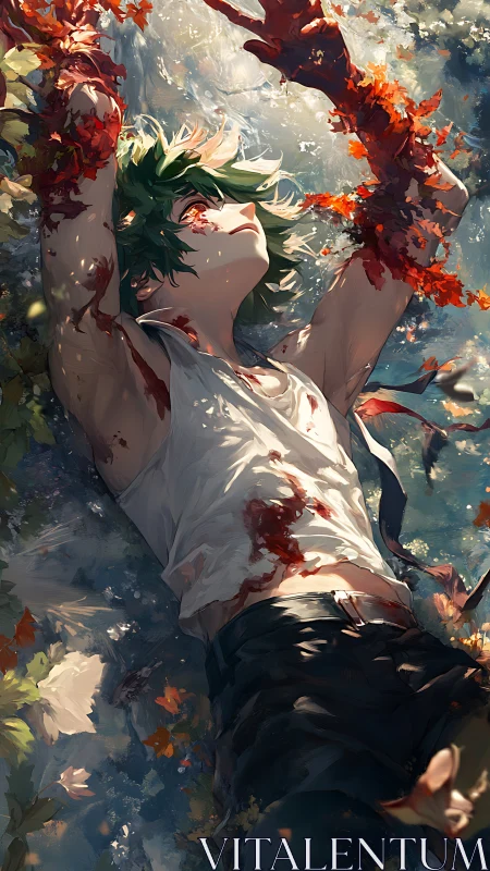 Injured boy merges with burning autumn leaves in river