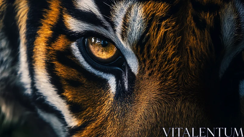 Golden-eyed tiger close-up with bold, glowing stripes at dusk.