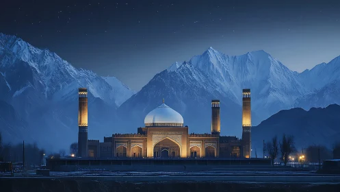 Snowbound peaks cradle a moonlit mosque of quiet fire