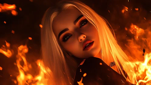 Portrait rendered with flame effects and orange color grading.