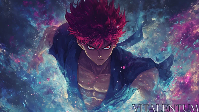 Red haired warrior surges through cosmic energy storm