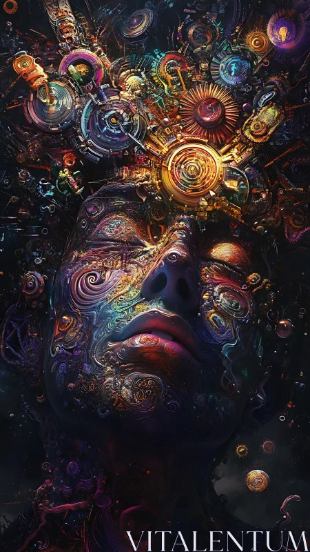 Neural visage dissolves into luminous cybernetic fractal machinery