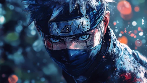 Frost-eyed masked warrior locked in a storm of neon sparks.