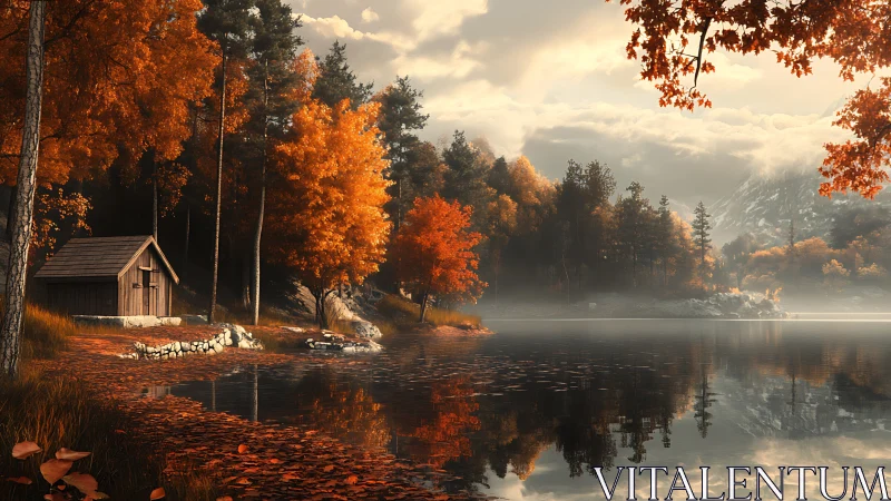 Autumn lakeside cabin with misty forest reflections at dawn.