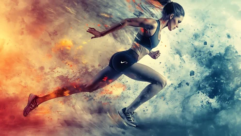 Female sprinter powers through fire and ice energy field.