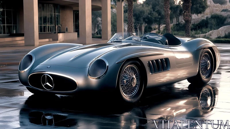 Gleaming retro roadster paused on a rain-kissed plaza.