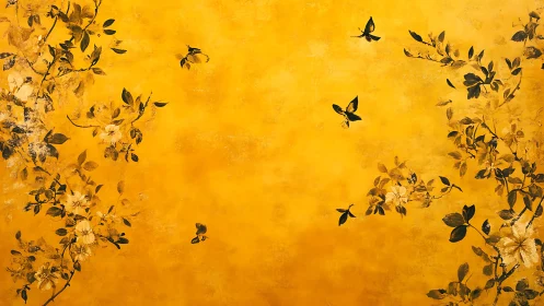 Floral branches and butterflies on textured yellow field.