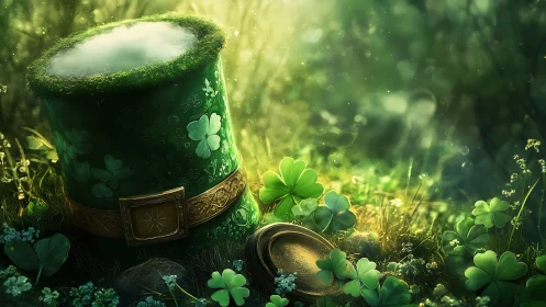 Enchanted leprechaun hat rests in cloverlit forest glade