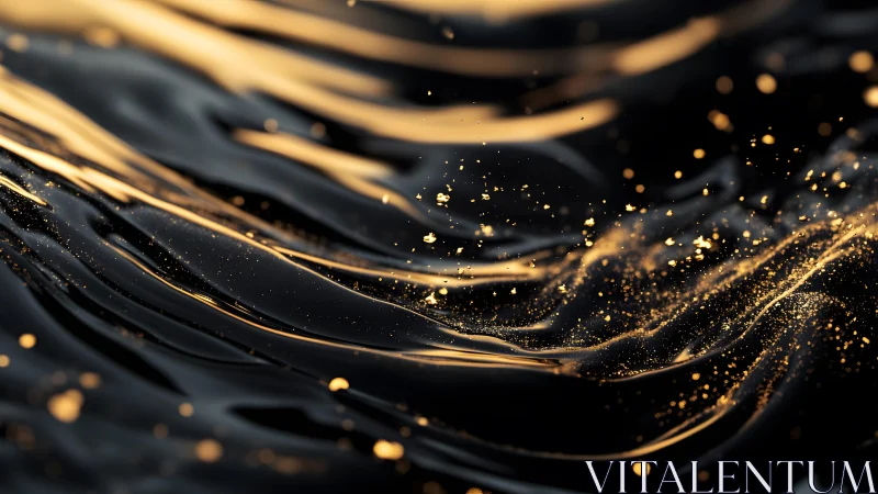 Abstract black and gold fluid waves with shimmering particles digital art.