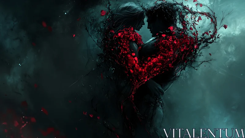 Embracing Figures Form a Luminous Red Heart.