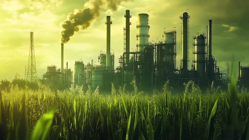 Green hush versus smokestacks in an uneasy meadow truce.