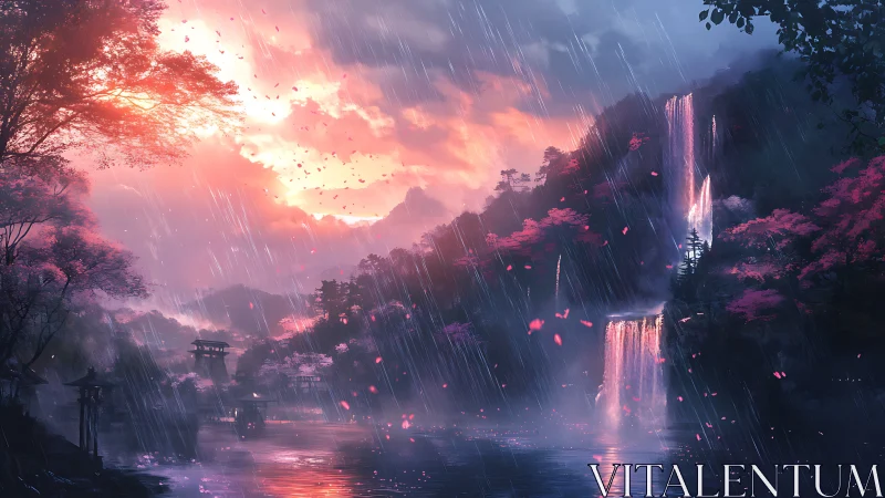 Digital landscape shows waterfalls, rainfall and distant shrine