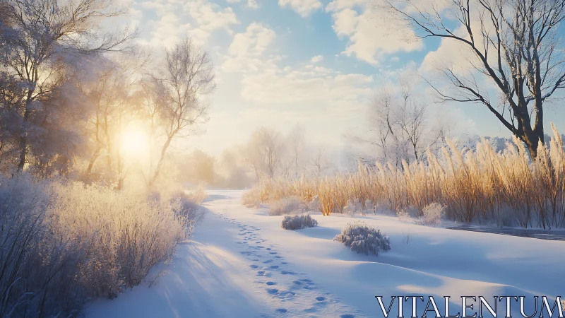 Low-sun winter riverbank with snow track and frosted reeds