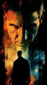 Brooding cyber noir portrait with silhouetted city wanderer.