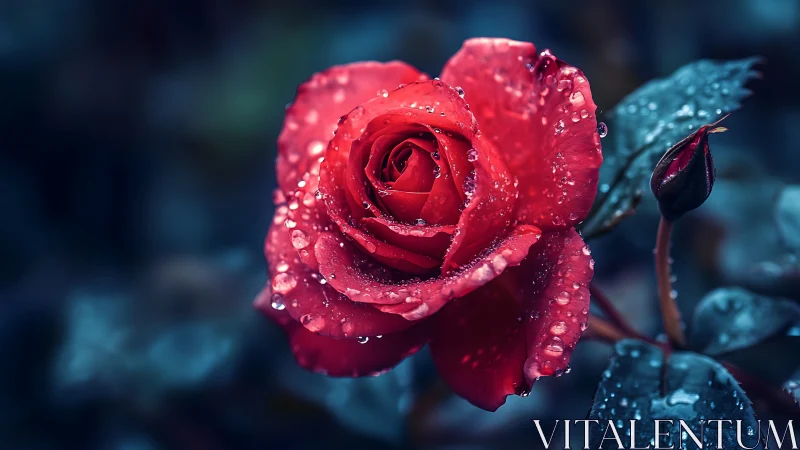 Rain-kissed crimson rose glowing in midnight garden hush.