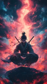 Digital painting of a meditating samurai in ascendant fire vortex.