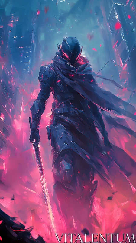 Neon-clad cybernetic swordsman traversing vaporized megacity.