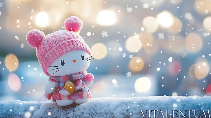 Tiny winter explorer in pink hat listens quietly to snowfall