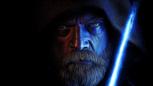 Hooded elder warrior locked in electric blue starlight stare.