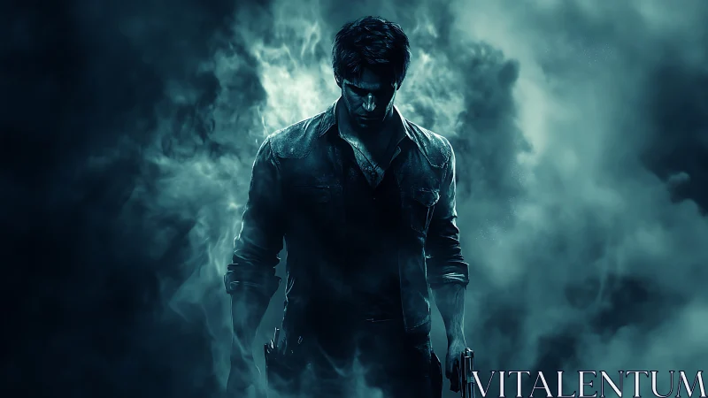 Brooding hero emerging from moody blue cinematic smoke.