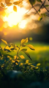 Golden evening sunlight gently warming fresh green leaves