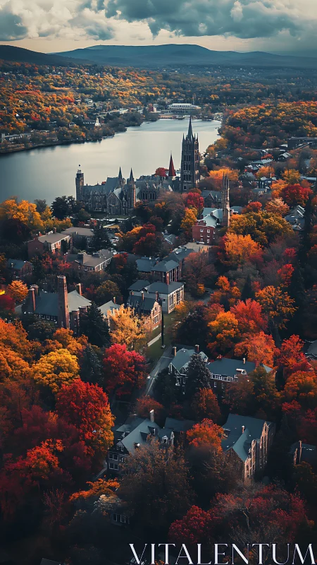 Historic riverside town under dramatic autumn skies