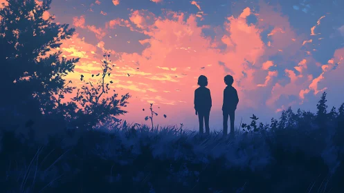 Silhouetted friends watch blazing coral sunset sky