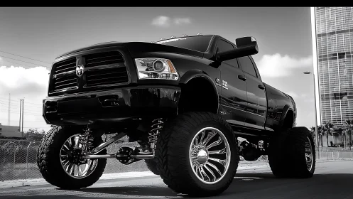 Lifted black pickup truck on city street in low angle view.