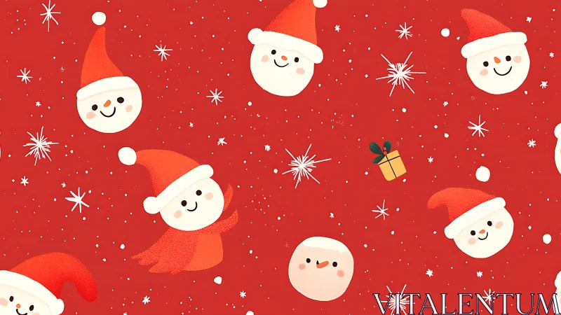 Smiling Santa snowball friends on a bright red Christmas sky.