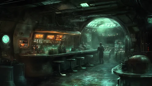 Lonely figure stands in dim cyberpunk bar under green light