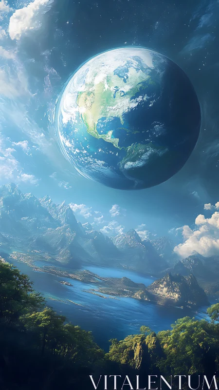 Planet Earth over vast blue lake and rugged mountains.