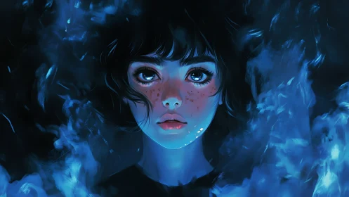 Blue-lit girl portrait in glowing ethereal smoke environment.