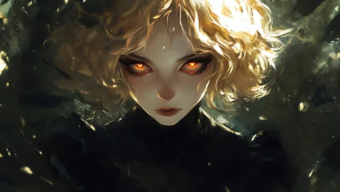 Blazing-eyed sorceress emerging from swirling midnight haze.