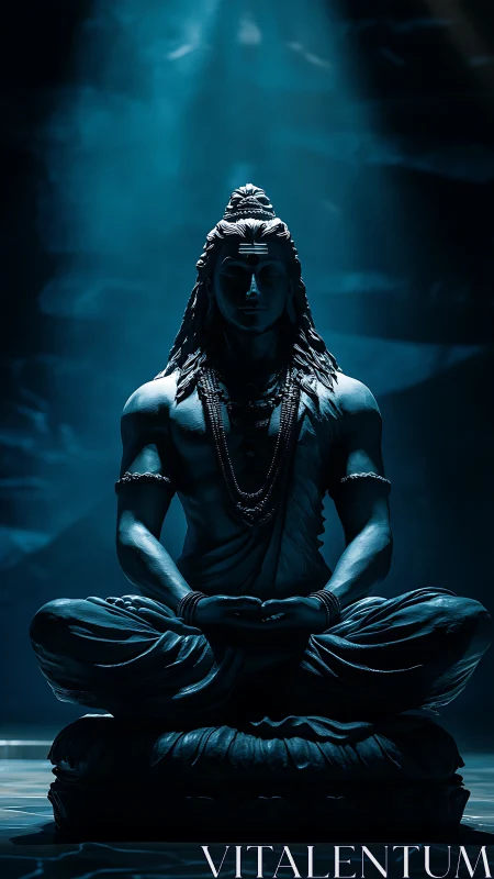 Divine blue-lit meditative deity statue in serene stillness.