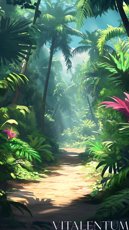 Tropical forest pathway with tall palms and dense vegetation canopy.