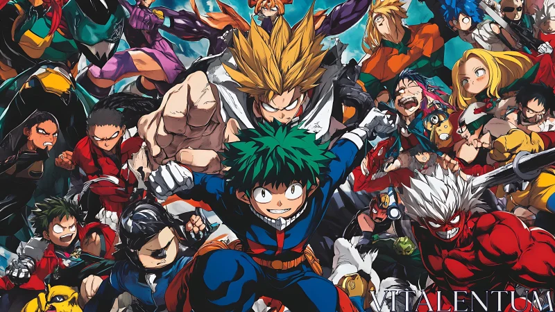 Colorful young heroes charging forward in bold anime style.