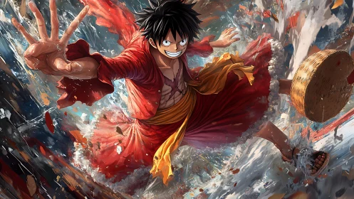 Dynamic anime hero lunges forward with exaggerated foreshortening