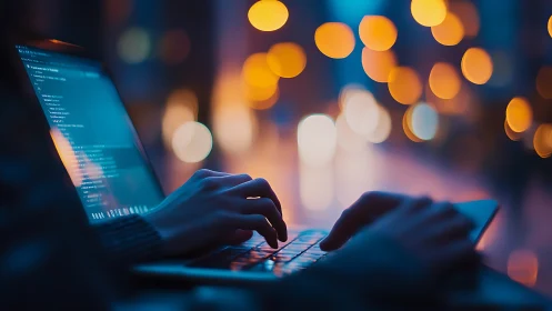 Midnight coder composes glowing logic beneath city bokeh