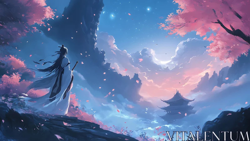 Swordmaster observes moonlit shrine across sakura valley