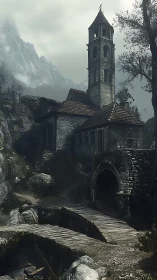 Weathered mountain chapel rises above a misty stone bridge