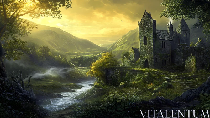 Stone castle beside river in misty green valley at dawn.