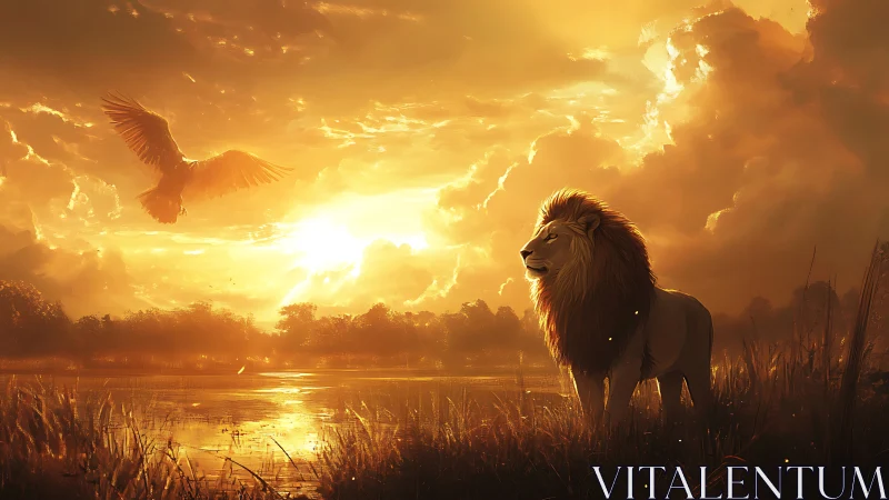 Sunlit lion and soaring bird over molten savanna lake.